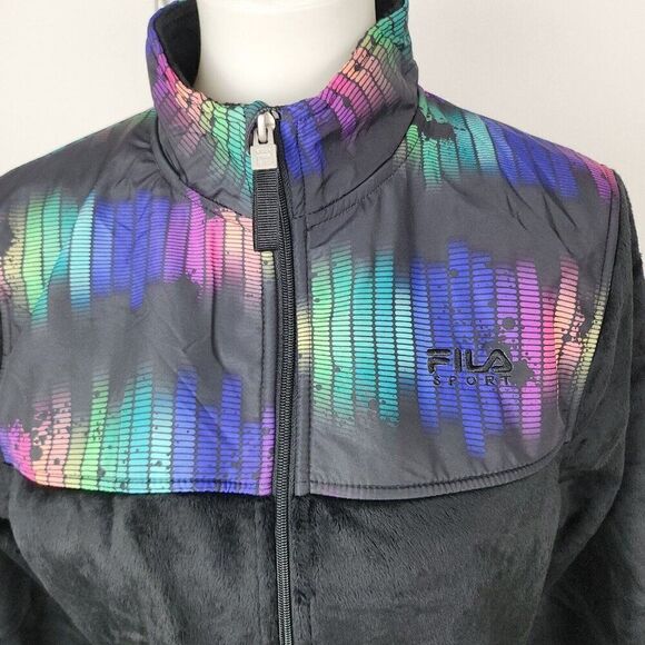Fila Full Zip Athletic Fleece Track Jacket Black Neon Graphic Pockets Womens M - Picture 2 of 7